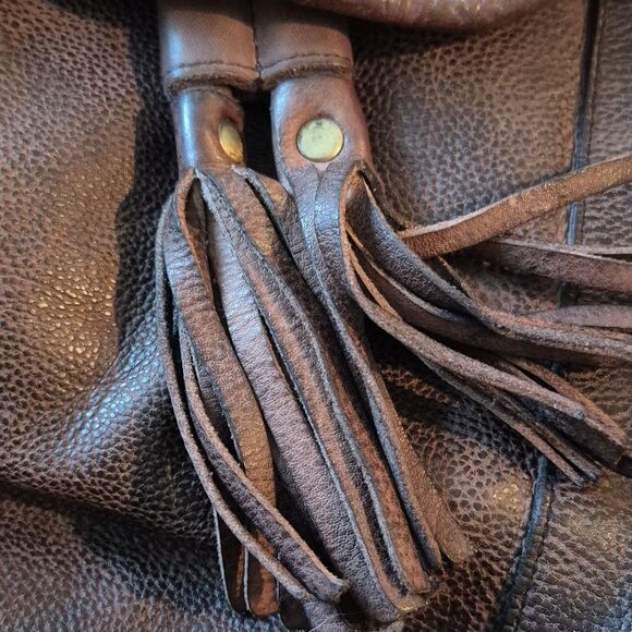 Sirimiri Leather Brown Backpack Distressed BOHO Look Tassels Cotton Lining Nwt - Picture 2 of 12
